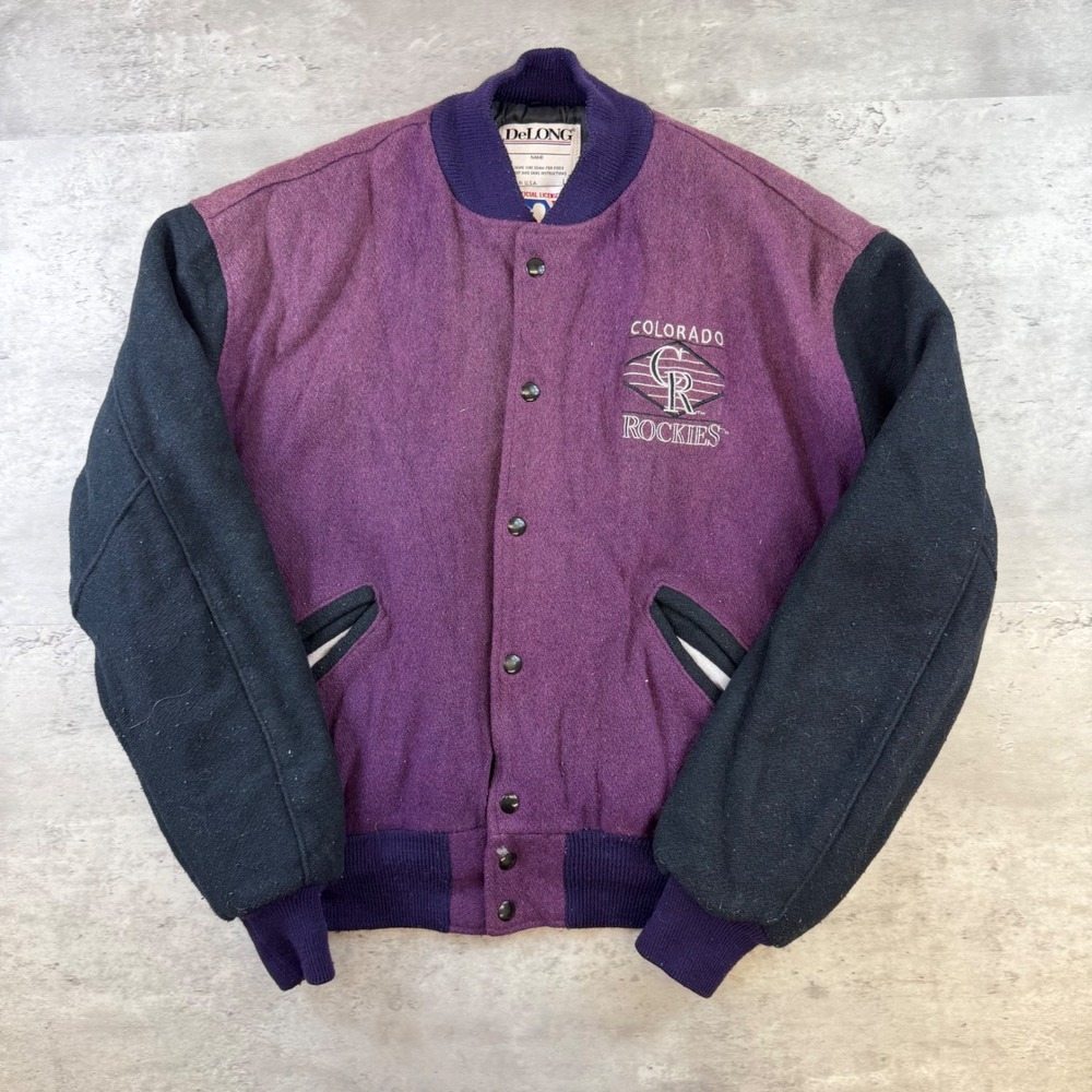 Vintage DeLONG Colorado Rockies MLB Varsity Jacket Purple Wool Mens Large USA